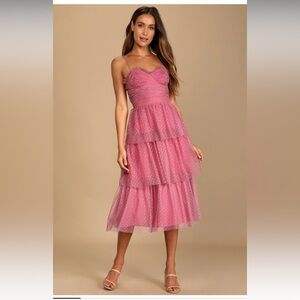 Lulus Sweetheart Style Mauve Polka Dot Bustier Tiered Midi Dress - brand new